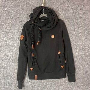 NAKETANO Black Hoodie Cowl Neck‎ Fleece Lined Logo Patch Full Zip Mens Size S